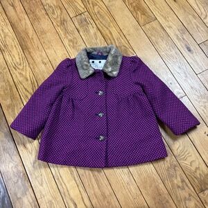Cherokee Girls Purple Black Diamond Pattern Faux Fur Collar Wool Blend Coat‎ 3T